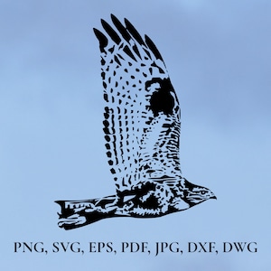 Puede incluir: Silueta negra de un halcón en vuelo con las alas extendidas. El halcón está mirando hacia la derecha. El fondo es un degradado azul claro.