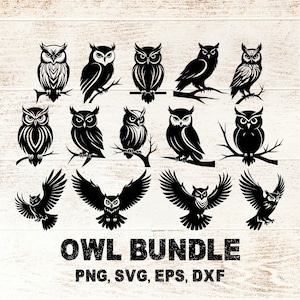 May include: A set of 13 black and white owl illustrations. The owls are in various poses, some perched on branches, some flying, and some with their wings spread. The illustrations are in a simple, stylized design. The text "OWL BUNDLE PNG, SVG, EPS, DXF" is at the bottom of the image.