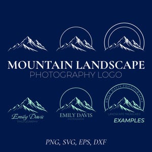 May include: A set of mountain landscape photography logo designs. The logos feature a white mountain range with a blue sky background. The text "MOUNTAIN LANDSCAPE PHOTOGRAPHY LOGO" is displayed below the logos. The logos are also shown with a blue circle around the mountain range and the text "Emily Davis Photography" below the circle. The text "LANDSCAPE TREASURES" is displayed below the circle in one of the logos. The text "EXAMPLES" is displayed below the logos.