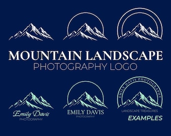 Puede incluir: Un conjunto de diseños de logotipos de fotografía de paisaje de montaña. Los logotipos presentan una cordillera blanca sobre un fondo de cielo azul. El texto "MOUNTAIN LANDSCAPE PHOTOGRAPHY LOGO" se muestra debajo de los logotipos. Los logotipos también se muestran con un círculo azul alrededor de la cordillera y el texto "Emily Davis Photography" debajo del círculo. El texto "LANDSCAPE TREASURES" se muestra debajo del círculo en uno de los logotipos. El texto "EXAMPLES" se muestra debajo de los logotipos.