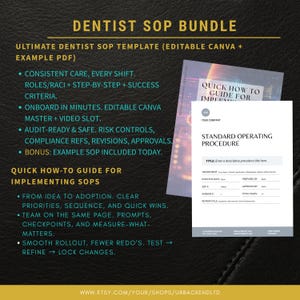 Puede incluir: Un paquete de productos digitales para dentistas, con una plantilla y una guía para los procedimientos operativos estándar. La imagen incluye un documento titulado "Procedimiento Operativo Estándar" y una guía titulada "Guía rápida para implementar los SOP".