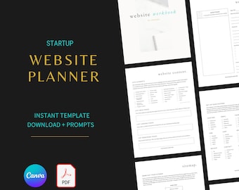 Planejador de site para startups 2024 e modelo de pasta de trabalho para impressão - Guia e prompts para sites de pequenas empresas - Lançamento de site - Canva editável, PDF