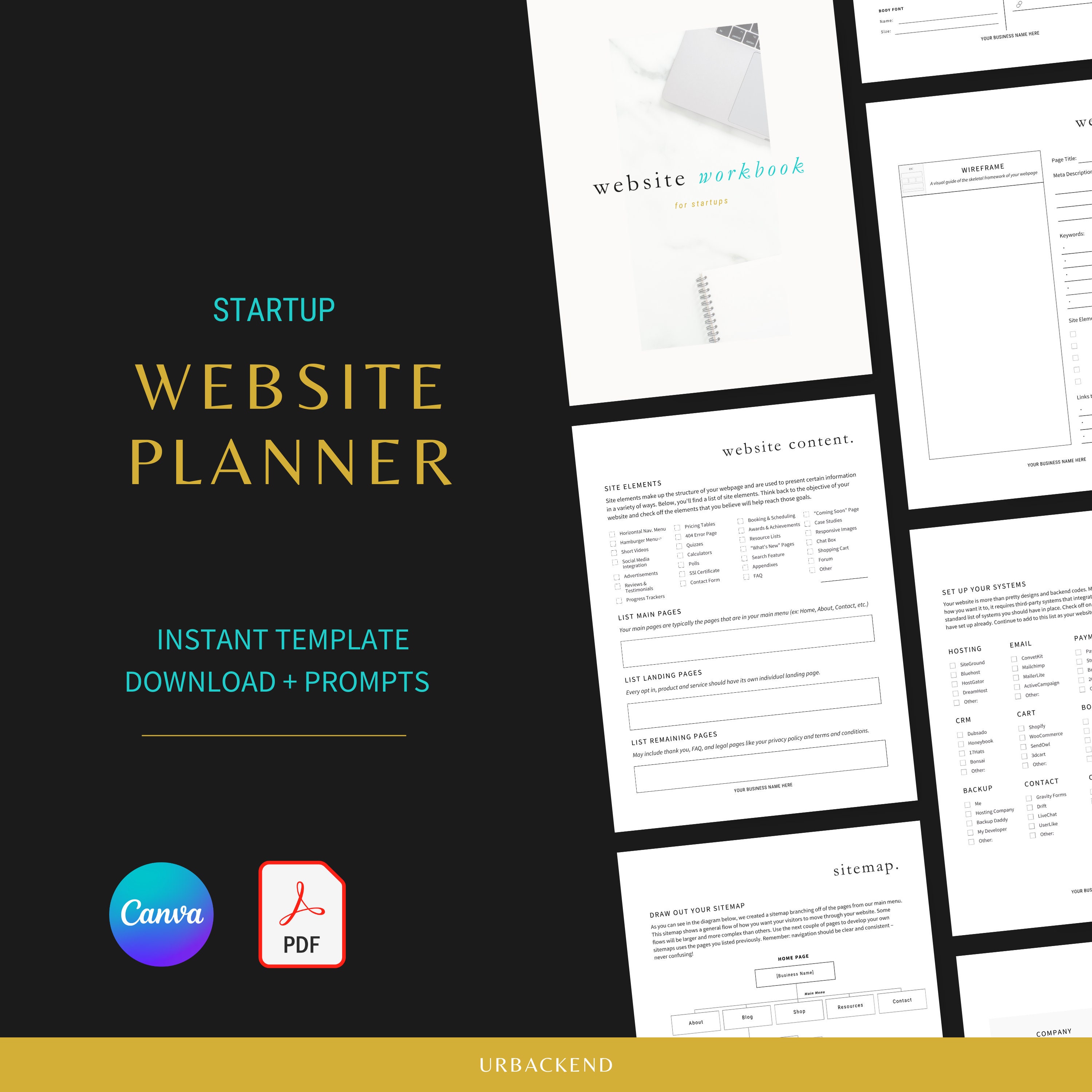 Modelo de planejador de site para startups e pasta de trabalho para impressão - Guia e prompts para sites de pequenas empresas - Lançamento de site - Canva editável, PDF