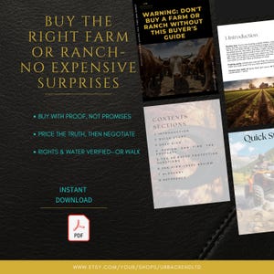 No compre a ciegas — Guía del comprador para granjas y ranchos — Guía de inicio rápido y análisis detallado, filtros de ofertas y las 50 preguntas más frecuentes sobre protección (PDF)