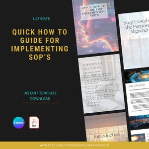 May include: A digital template titled "Quick How to Guide for Implementing SOP's" with a black background. The design includes text, a Canva logo, and a PDF icon. The guide's sections are listed, and the website address is visible.