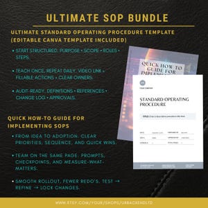 May include: A digital product bundle titled "ULTIMATE SOP BUNDLE" with a "QUICK HOW-TO GUIDE FOR IMPLEMENTING SOPS" and a "STANDARD OPERATING PROCEDURE" template. The bundle includes an editable Canva template. The background is dark with gold text.