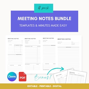 Meeting Notes Template Bundle - Meeting Minutes Planner - Digital Notes iPad Goodnotes Compatible - Zoom Minutes - Printable PDF & Canva