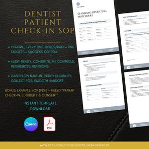 May include: A digital template for a dentist's patient check-in SOP. The design features text and graphics on a dark background. The template includes sections for procedures, compliance, and references. Includes a Canva and PDF download.