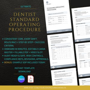 Könnte beinhalten: Digitale Vorlage für eine Standardarbeitsanweisung für Zahnärzte. Das Design enthält Text wie "Konsistente Pflege, jede Schicht" und "Sofortiger Vorlagen-Download". Verfügbar in Canva- und PDF-Formaten.