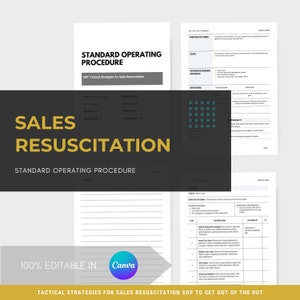 Puede incluir: Un gráfico en blanco y negro con el texto "SALES RESUSCITATION" en letras grandes, negritas y amarillas. El texto "STANDARD OPERATING PROCEDURE" está debajo en letras más pequeñas y negras. El gráfico también incluye el texto "SOP: Tactical Strategies for Sales Resuscitation" y "100% EDITABLE IN Canva".