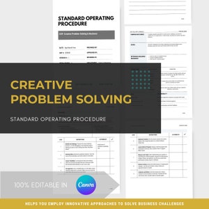 Może przedstawiać: Dokument standardowej procedury operacyjnej (SOP) dla kreatywnego rozwiązywania problemów w biznesie. Dokument zawiera tabelę z krokami, instrukcjami i działaniami, które należy podjąć. Dokument jest w 100% edytowalny w Canva i pomaga w stosowaniu innowacyjnych podejść do rozwiązywania wyzwań biznesowych.