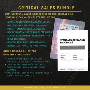Puede incluir: Un paquete de ventas digitales titulado "CRITICAL SALES BUNDLE" en letras doradas. Incluye una "Guía práctica" y un documento de "Procedimiento Operativo Estándar". El SOP cubre estrategias de ventas en la era digital.