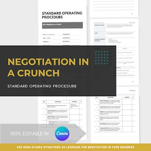 Peut inclure: Un graphique en noir et blanc avec le texte "Négociation en période de crise" et les mots "Procédure opérationnelle standard" répétés deux fois. Le graphique comprend également un tableau avec les titres "Étape", "Instructions" et "Actions/Qté".