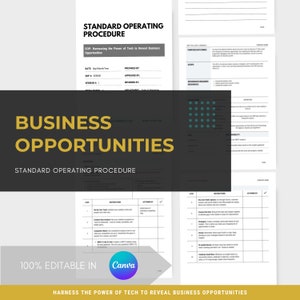 May include: A black and white graphic with the text "Business Opportunities" and "Standard Operating Procedure" in a white box. The graphic also includes the text "Harness the Power of Tech to Reveal Business Opportunities" and "100% Editable in Canva".