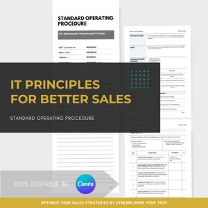 Estrategia de ventas con principios de TI / Procedimiento operativo estándar / Plantilla de POE / Planificador de ventas / Canva editable