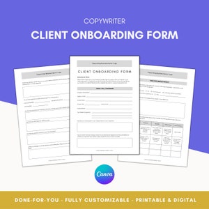 May include: A black and white client onboarding form for copywriters. The form includes sections for client information, about the brand, and the copywriting project. The form is designed to help copywriters gather information from their clients to create effective copy.
