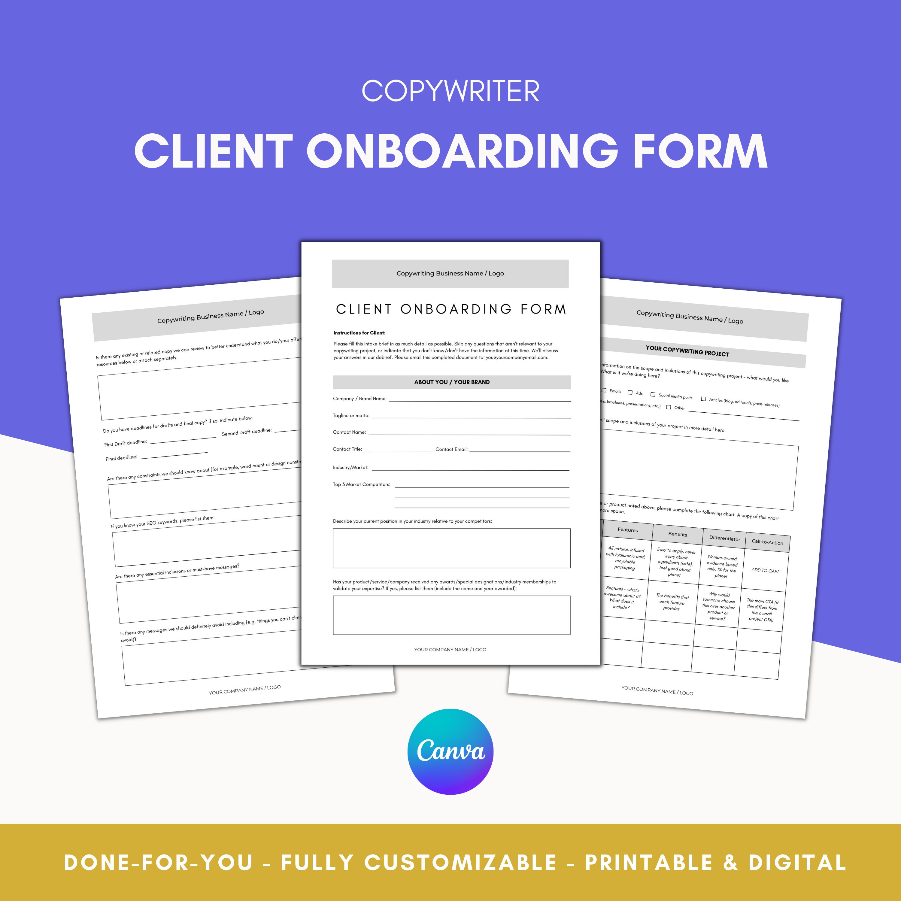 Copywriter Client Intake Form Canva Template - Copywriting Project ...