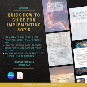 May include: A digital guide titled "Quick How To Guide For Implementing SOP's" with a dark background. The guide includes sections on establishing purpose, customizing workflows, and training teams. It also features a Canva and PDF download option.