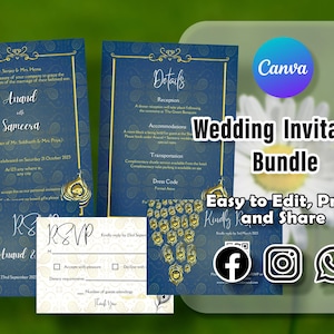 Faire-part de mariage paon avec RSVP, faire-part de mariage modifiable bleu et or, lot de faire-part de mariage indien imprimable, modèle canva