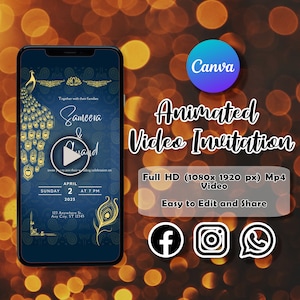 Puede incluir: Una invitación de video animada azul con un diseño de pavo real dorado. El texto dice "Juntos con sus familias Sameera & Anand los invitan a unirse a su celebración de boda el domingo 2 de abril de 2023 a las 7 PM. 123 Anywhere St., Any City, ST 12345". El video está en Full HD (1080x1920 px) y es fácil de editar y compartir.