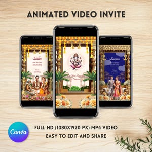Peut inclure: Trois smartphones affichant des invitations de mariage animées. Les invitations présentent des scènes de mariage indiennes traditionnelles, dont une cérémonie et une réception. Le texte à l'écran indique "Animated Video Invite", "Wedding" et "Reception". Le logo Canva est visible.