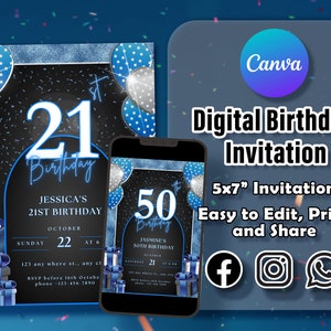Invito per festa di compleanno con glitter blu, invito digitale scintillante, inviti per festa di compleanno stampabili, modello Canva modificabile, condivisibile
