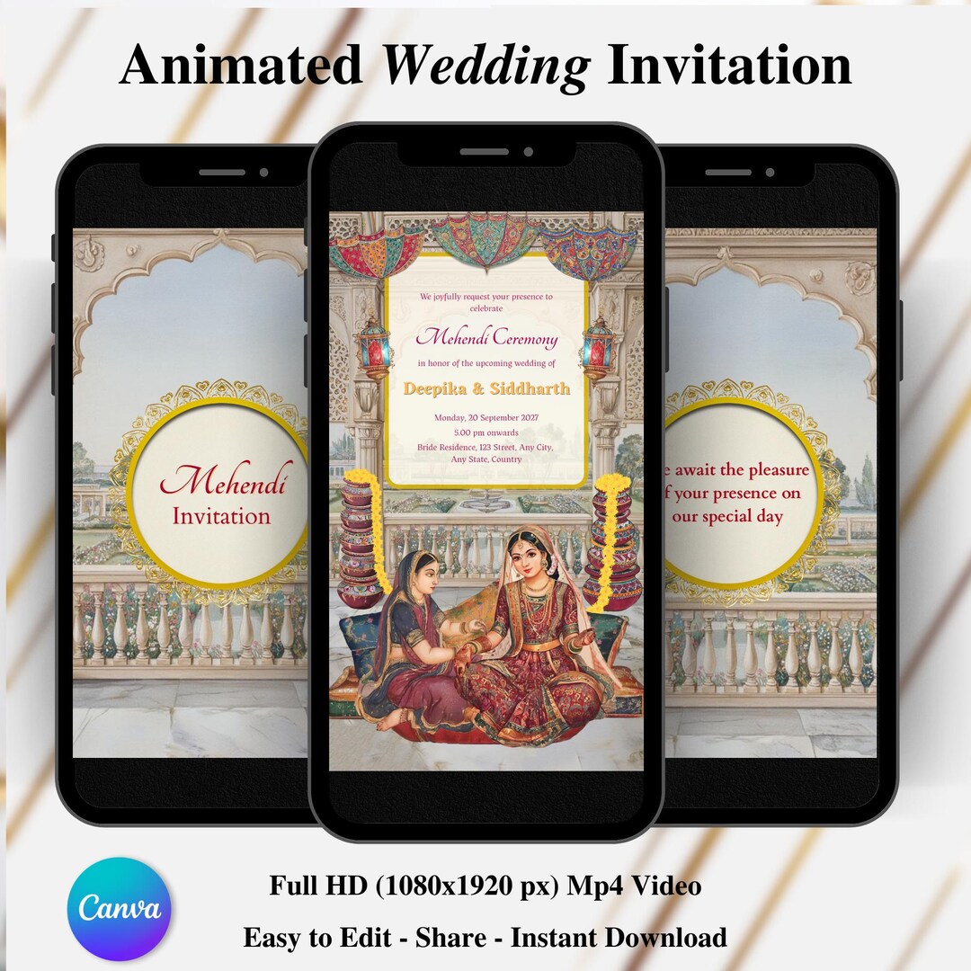 Digital Mehendi Ceremony Animated Invitation, Indian Miniature Painting ...