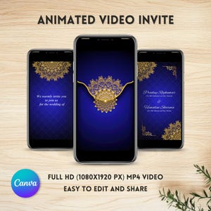 Faire-part de mariage animé mandala bleu, faire-part vidéo modifiable numérique, téléchargement immédiat, faire-part de mariage personnalisable, modèle de toile