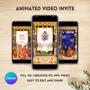 Pode incluir: Três smartphones exibindo convites de casamento animados. Os convites apresentam ilustrações coloridas de cerimônias e recepções de casamento. O texto na tela diz "Animated Video Invite", "Wedding", "Reception" e "Easy to edit and share".