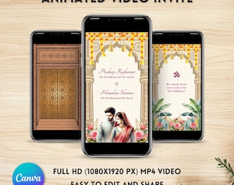 May include: Three smartphones displaying animated wedding invitations. The center phone shows a couple's photo and names, while the right phone has an Om symbol and text. The left phone shows a wooden door design. Text reads "ANIMATED VIDEO INVITE".