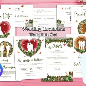 Ensemble de faire-part de mariage, modèle modifiable de faire-part de mariage tropical découpé sur papier, RSVP pour code QR, carte Save The Date, modèles Canva