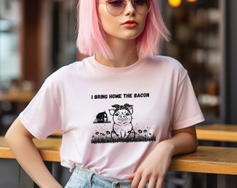 Je ramène à la maison le bacon unisexe en jersey à manches courtes t-shirt drôle de porc t-shirt bacon t-shirt femme t-shirt femme agriculteur t-shirt cadeau femme