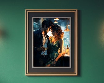 Leidenschaftliche Flirterei | Gut aussehender Mann und Frau in Bar | Romantische Kunst mit Liebe und Leidenschaft | Moderner Impressionismus | Emotionaler Druck