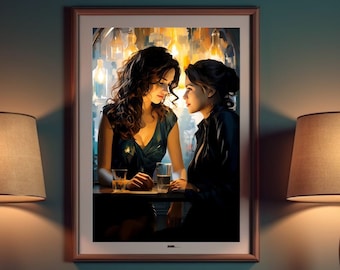 Kokette Frauen in der Bar | Romantische LGBT Kunst Druck, Leidenschaftliche Szene | Sapphic Liebesmalerei, moderner Impressionismus, Lesbische Romantik Leinwand