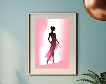 Frauen Silhouette in Pink Haze - Elegantes digitales Poster für stilvolle Wohnkultur, romantische Kunst, anmutige Bewegung, weibliche Schönheit