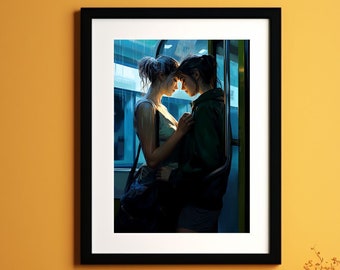 Gemälde von zwei jungen Frauen, die sich an einem verregneten Bahnhof verabschieden. Ich werde dich vermissen. Longin. Romantik. LGBT. Lesbisch. Sapphisch. Impressionismus