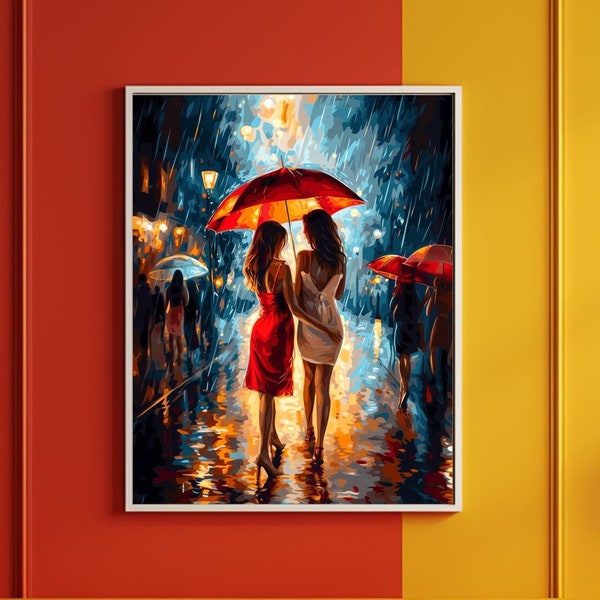 Cocktail Dress Caress - Audacious act in a Summer Rain Romance. Lesbian Love under Red Umbrella Artwork