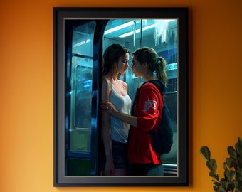 Romantischer Regen am Bahnhof | LGBT Romanze Kunstdruck | Emotionales lesbisches Kunstwerk | Liebe Geschichte Leinwanddruck | Gehen Sie nicht impressionistisch