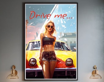 Blonde Schönheit im gelben Auto: Fahren Sie mit Stil mit atemberaubendem Pop Art Fashion Poster. Urban Glam und Chic Pose für Kunst Dekor