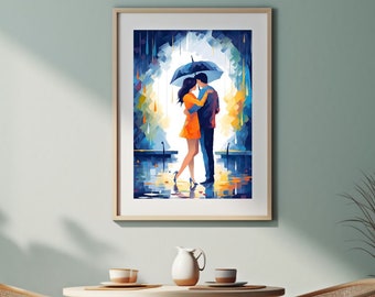 Romantische Umarmung |Junges asiatisches Paar unter Regenschirm | Moderner Impressionismus, Blau & Orange Eleganz | Wanddeko für LovelyHomes