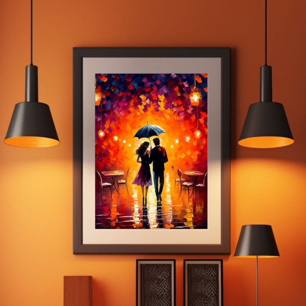 Romantic Rainy Night Art Print | Couple Walking with Colorful Umbrella Near a Café | Urban Love in the Rain | Cityscape Canvas Decor