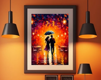 Romantische Regennacht Kunstdruck | Paar zu Fuß mit buntem Regenschirm in der Nähe eines Cafés | Liebe im Regen | Stadtbild als Leinwanddruck
