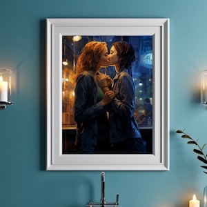 First Kiss in a Bar Romantic Art Print of Lesbian Love and Passion Two Women First Kiss LGBT Artwork Valentines Day Gift for her