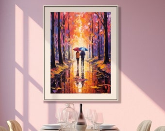 Zusammener Spaziergang im Regen: Romantische Leinwand Druck, Herbst Liebe Szene, Moderner Impressionismus, Romantik Kunst, Lebhafte Wald Farben, Romantisches Wohndekor