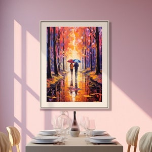 Rainy Walk Together: Romantic Canvas Print, Autumn Love Scene, Modern Impressionism,  Romance Art, Vivid Forest Colors, Romantic Home Decor