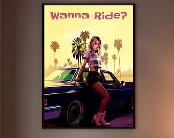 Willst du reiten? Pop Art Poster - Sexy Blonde | Oldtimer-Dekor | GTA V inspiriert | Attraktive Szene mit Palmen und Lila Auto Anhänger