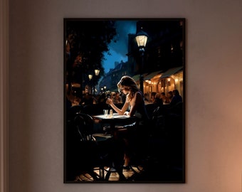 Blonde Schönheit in Prag Café | Atemberaubende Frau allein bei Nacht | Romantisches Künstlerisches Poster mit Großstadt Nachtleben Eleganz | Blond in Abgeschiedenheit