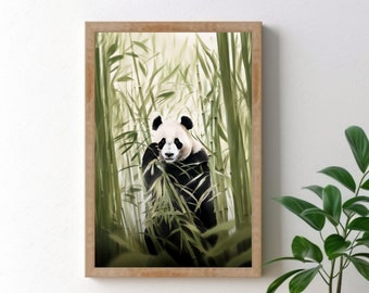 Panda-Bambuskunst - Minimalistische Aquarellzeichnung des Pandas, der Bambus im Dschungel isst, Natur Eleganz, einfache Panda-Szene, Wildtier-Skizze