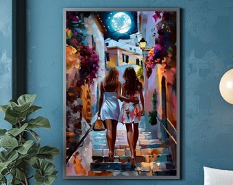 Moonlit Spazierweg - Zwei Frauen in einer Sommernacht, Romantische Mediterrane Gasse Kunstdruck, Freundschaft und Liebe Unter dem Mond