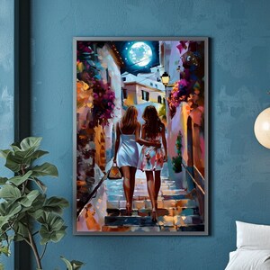 May include: Two people in white dresses walk up a set of stairs in a brightly coloured, moonlit street scene. The scene is painted in a vibrant, impressionistic style.